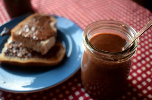 A jar of homemade chocolate hazelnut spread